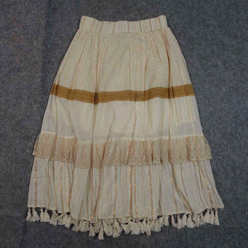 Anthropologie Skirt Womens Small NWT Midi Raga Raffaella Tasseled Boho Tan Cream - Picture 4 of 10